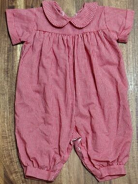 James & Lottie Baby Red Gingham Long Bubble Romper Peter Pan Collar size 6m
